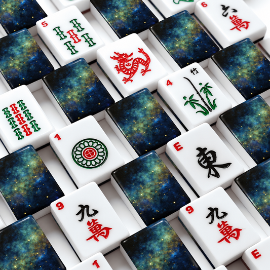 A close-up overhead view of mahjong tiles arranged in a grid featuring galaxy nebula design