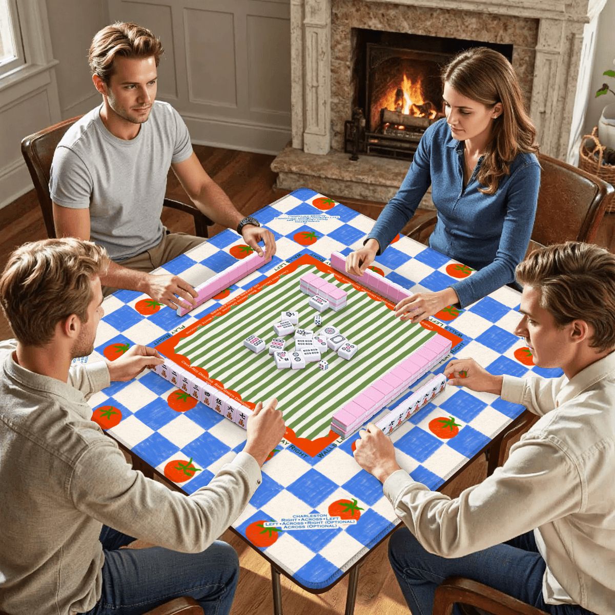 Four people gathered around a table playing mahjong in a cozy living room with a fireplace. The mahjong mat features a blue and white checkered border with orange fruit illustrations, a green and white striped center, and pink and white pieces.