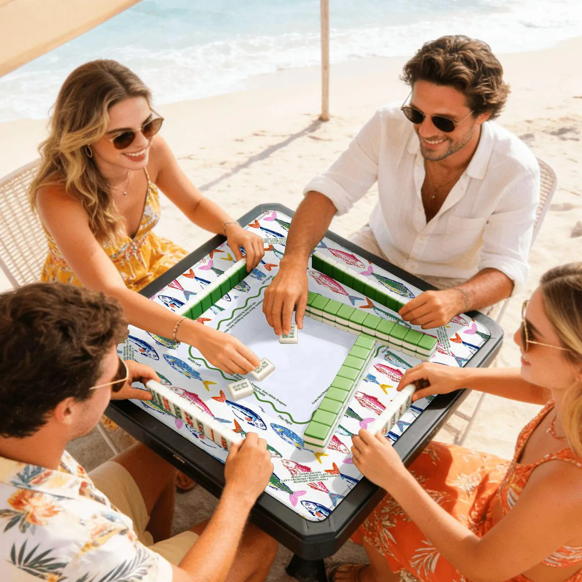 Nautical Mahjong Mat with Colorful Sardines Design