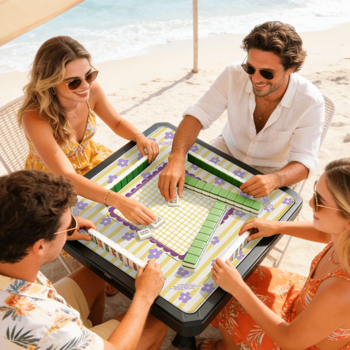Yellow and Purple Striped Mahjong Mat with Floral Design