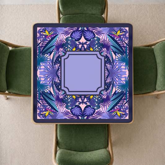mahjong mat with a symmetrical tropical leaf pattern in shades of purple, blue, and teal,