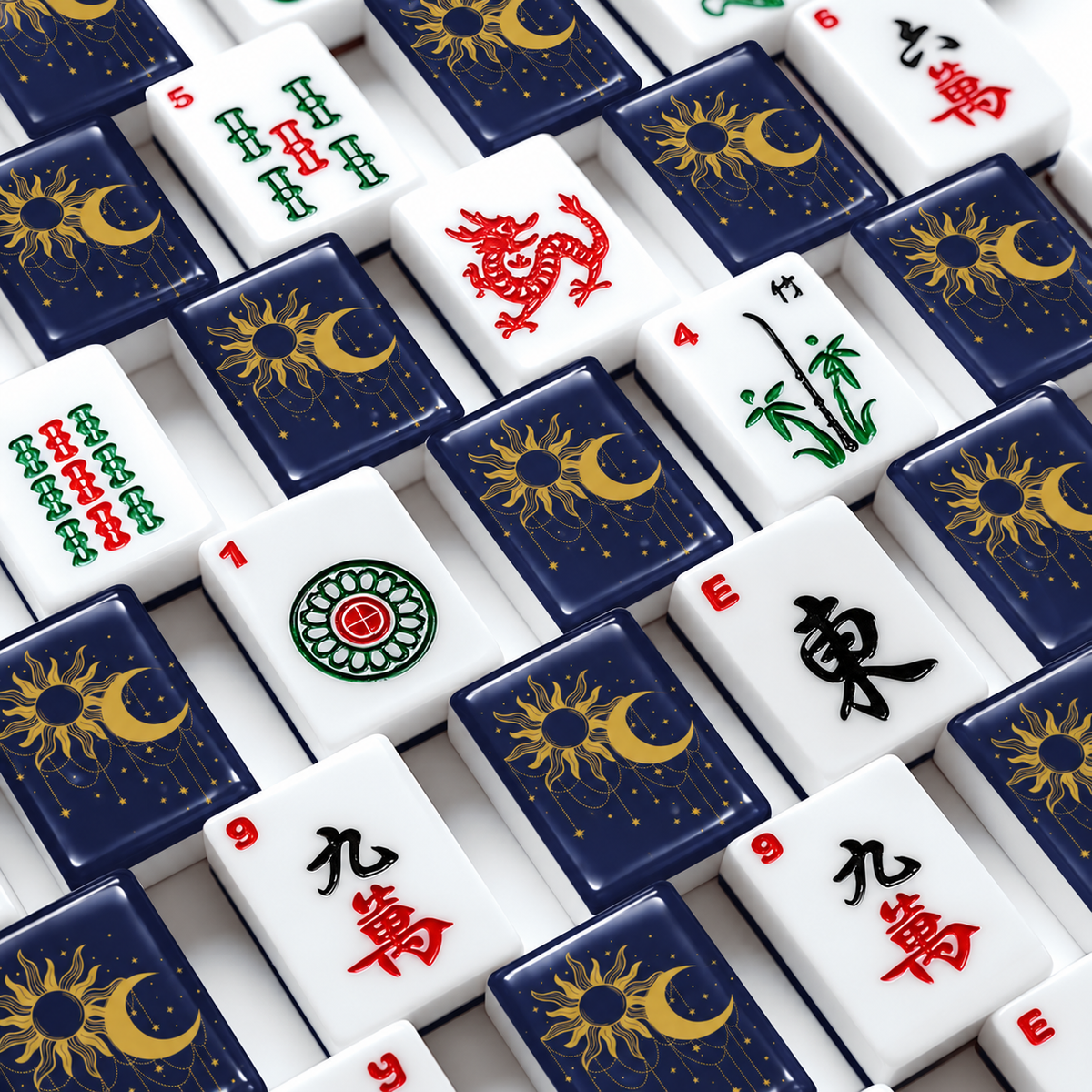 A close-up overhead view of Mahjong tiles arranged in a grid. The tiles feature celestial sun and moon design on the back