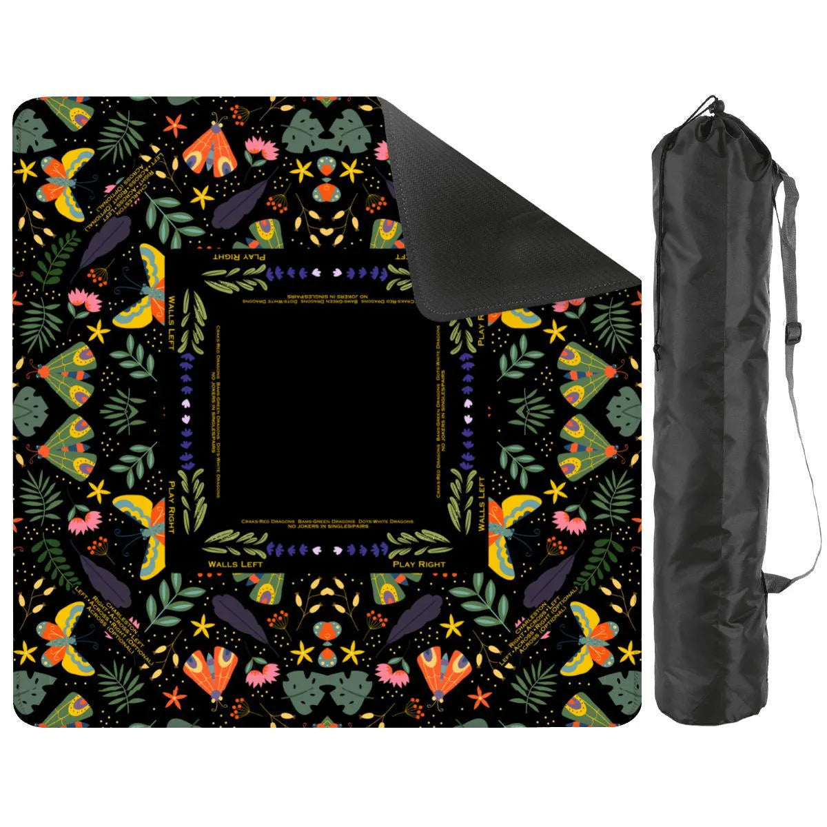 black mahjong mat with mystic design with a bag