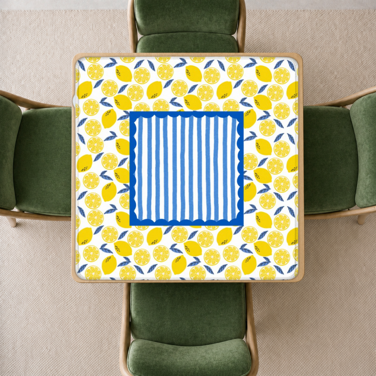 mahjong mat featuring yellow lemons and blue leaves on a white background, with a central blue-and-white striped center