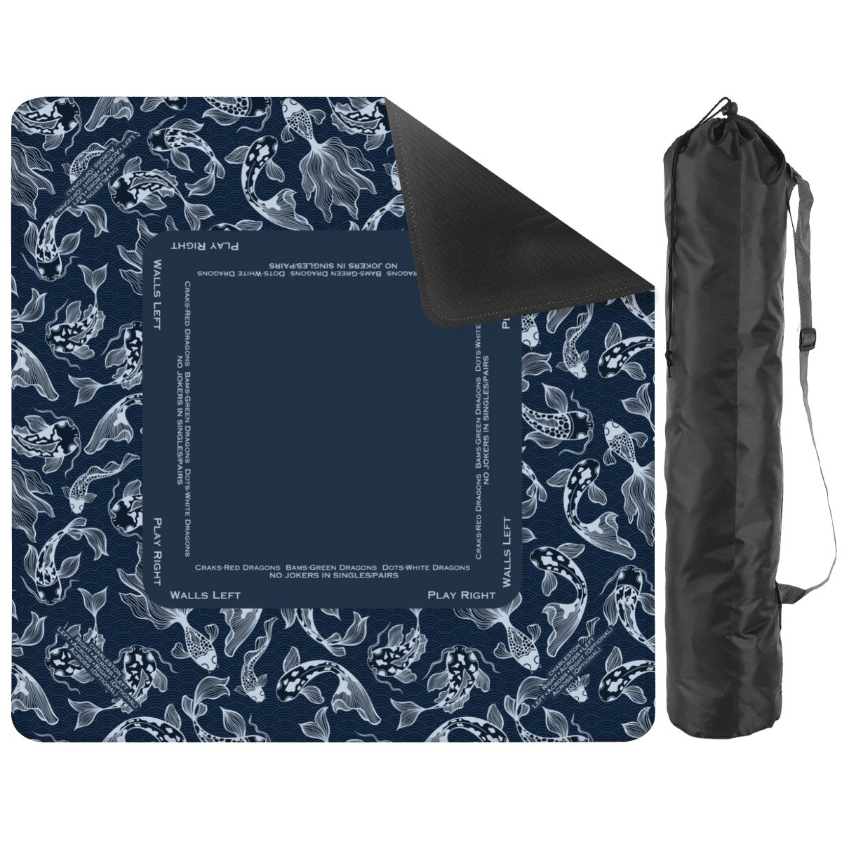 blue koi fish mahjong mat with a canvas bag