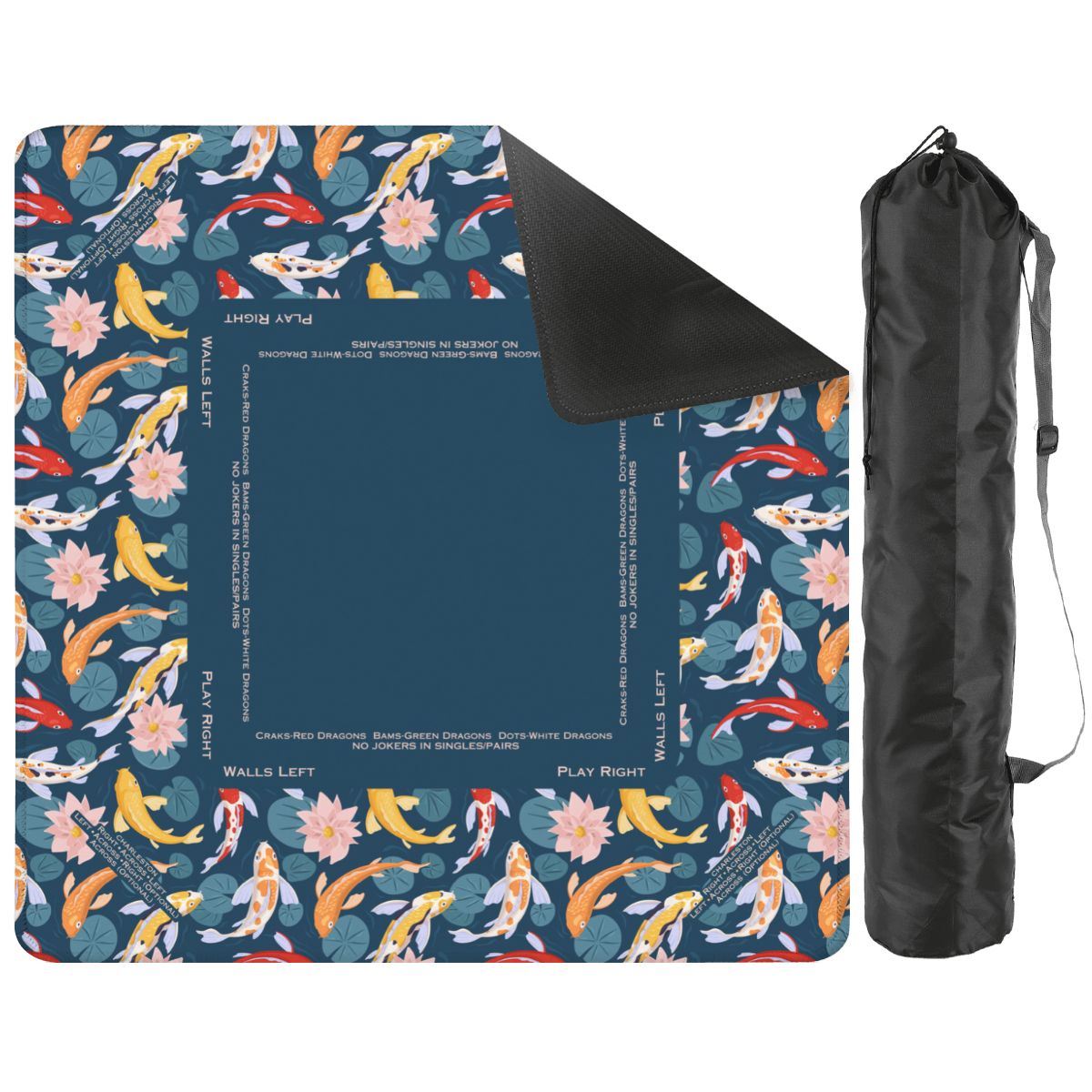 mahjong mat koi fish pattern in blue, orange, yellow, and pink, shown with one corner folded back to reveal a dark underside. A black drawstring storage bag stands beside it on a plain white background.