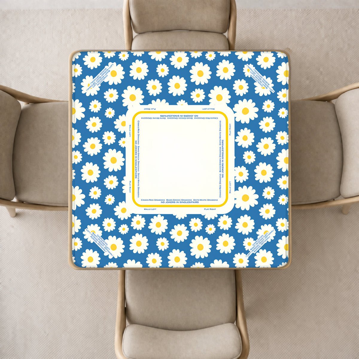 blue mahjong mat with daisy pattern, blue, white, yellow