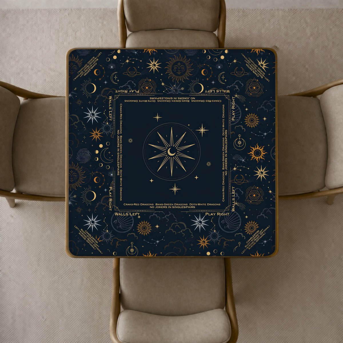 celestial mahjong mat featuring a gold celestial design, including a central compass rose, stars, suns, and moon phases.