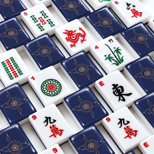A close-up overhead view of Mahjong tiles arranged in a grid, with blue celestial design