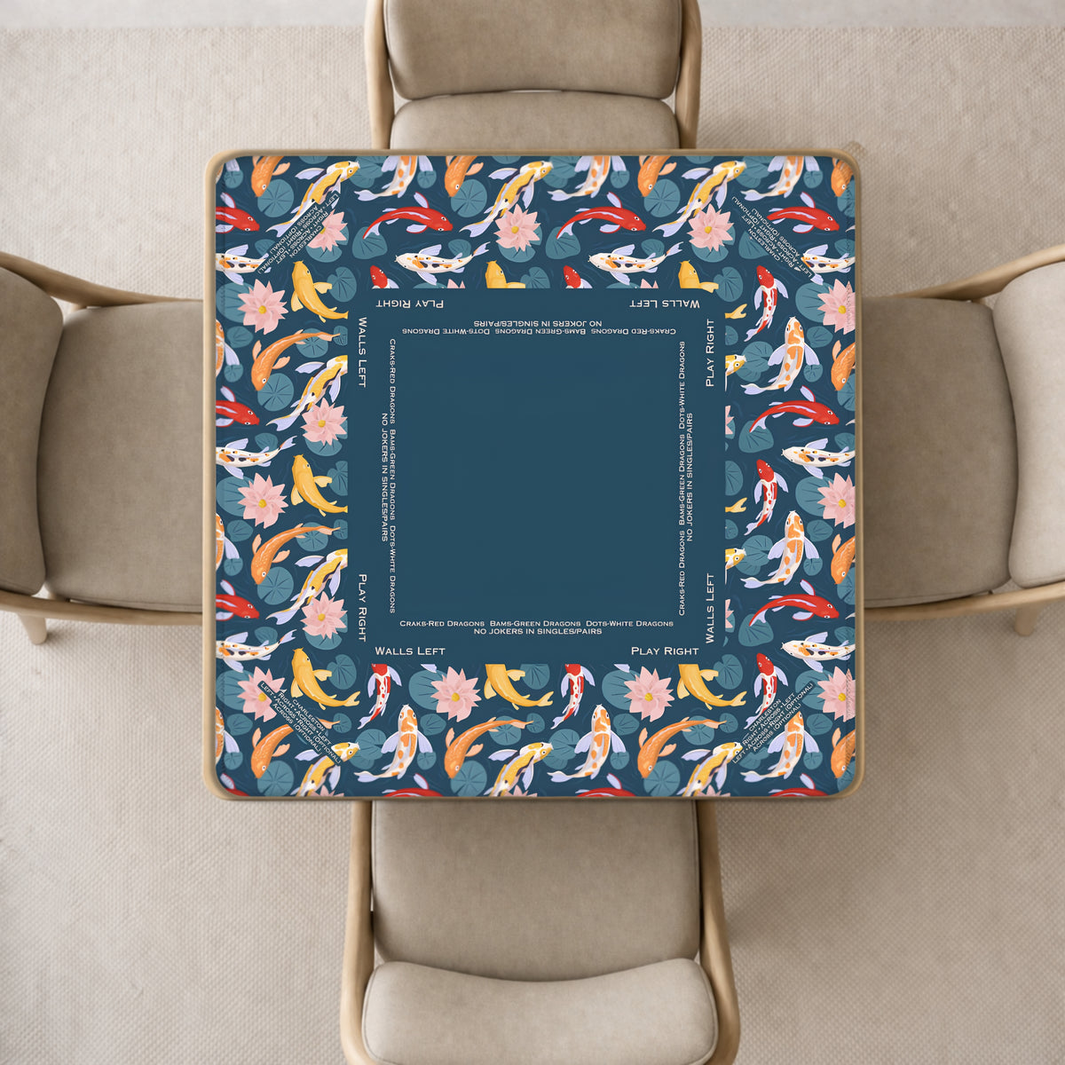 mahjong mat with a dark blue and multicolor koi fish patterned tablecloth,