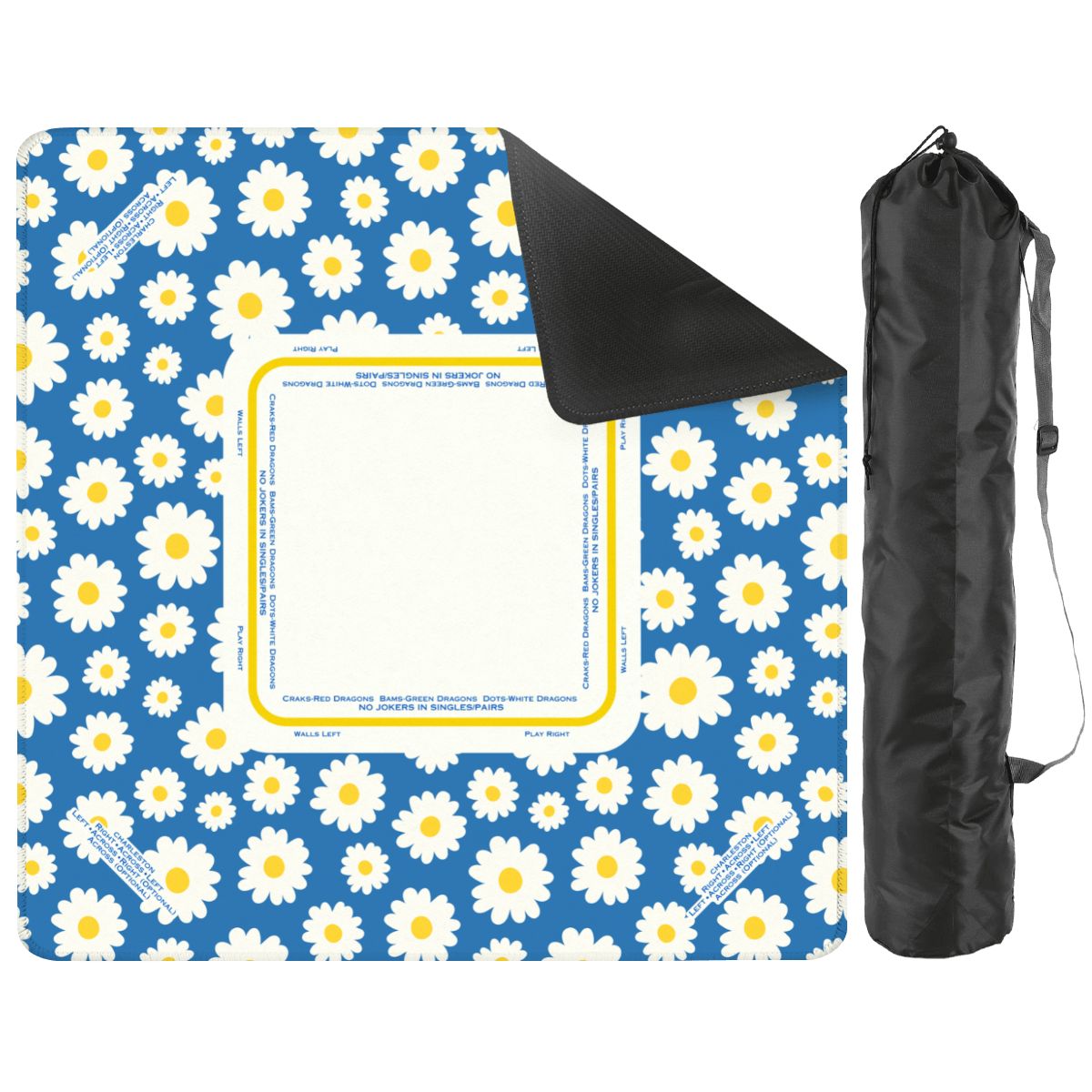 daisy mahjong mat in blue, white and yellow with a canvas bag