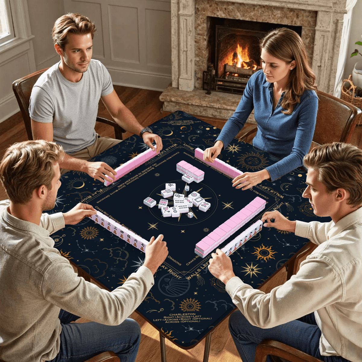 Four people sitting around a square table in a cozy living room, playing mahjong on a dark blue celestial-patterned mahjong mat. A fireplace burns in the background.