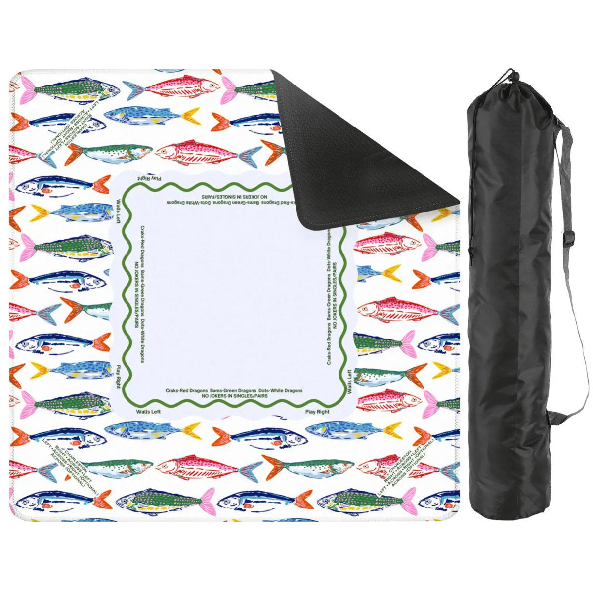 A rectangular printed mat or pad with a white center and a border of colorful fish illustrations, shown with one corner folded over to reveal a black underside. A tall black drawstring carrying case stands beside it on a plain white background.