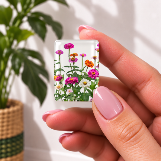 american mahjong tile featuring a colorful print of pink, orange, and white flowers with green stems.