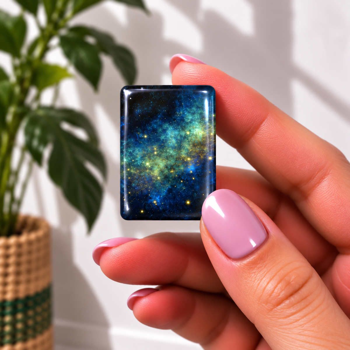mahjong tile featuring a vibrant blue and green galaxy nebula design