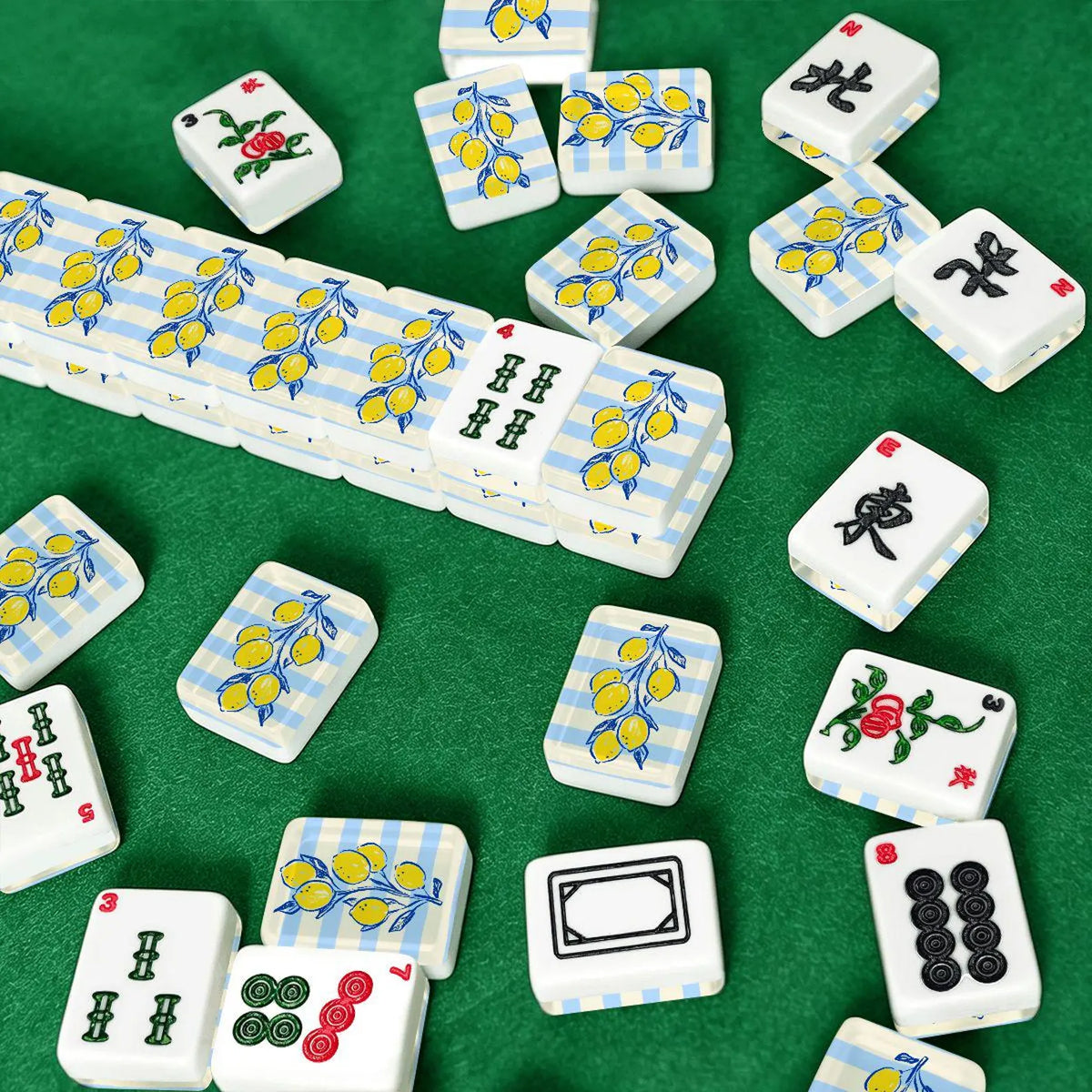 Lemon Design Mahjong Tiles Striped Background in Yellow and Blue