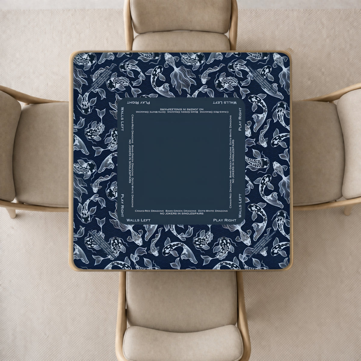 mahjong mat with a navy blue and white fish patterned surface
