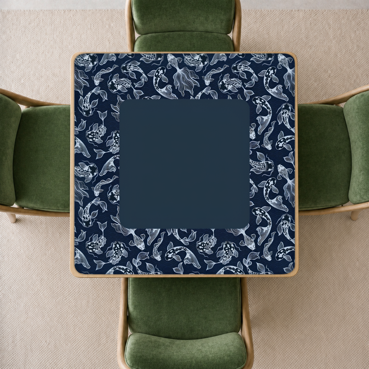 mahjong mat navy blue background and a border pattern of white koi fish, 