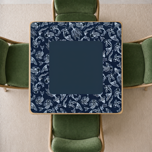 mahjong mat navy blue background and a border pattern of white koi fish, 
