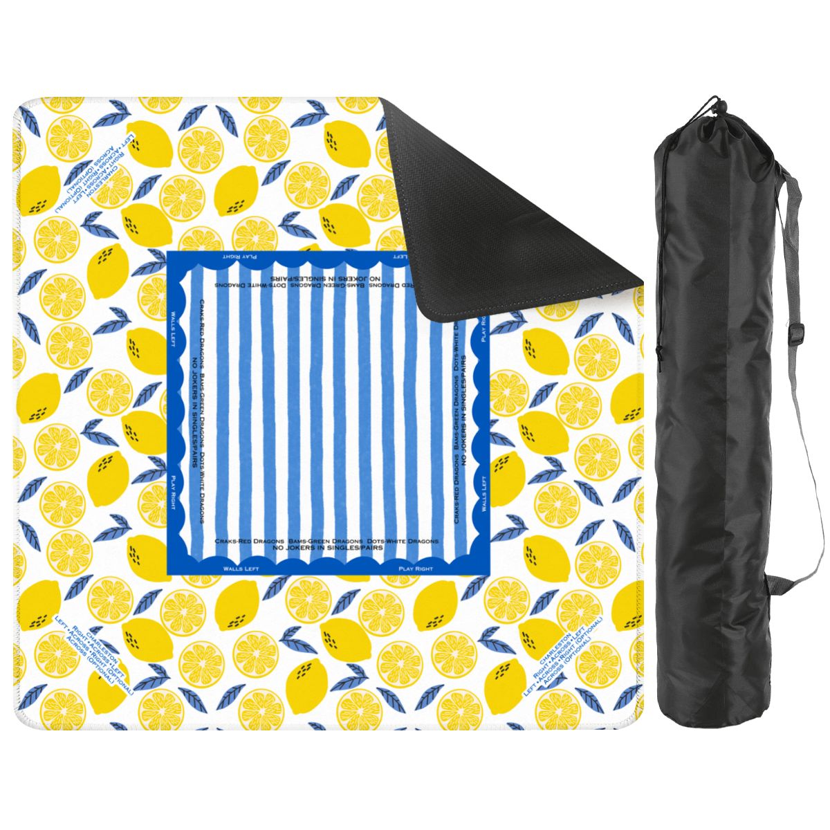 yellow and blue lemon mahjong mat with a canvas bag