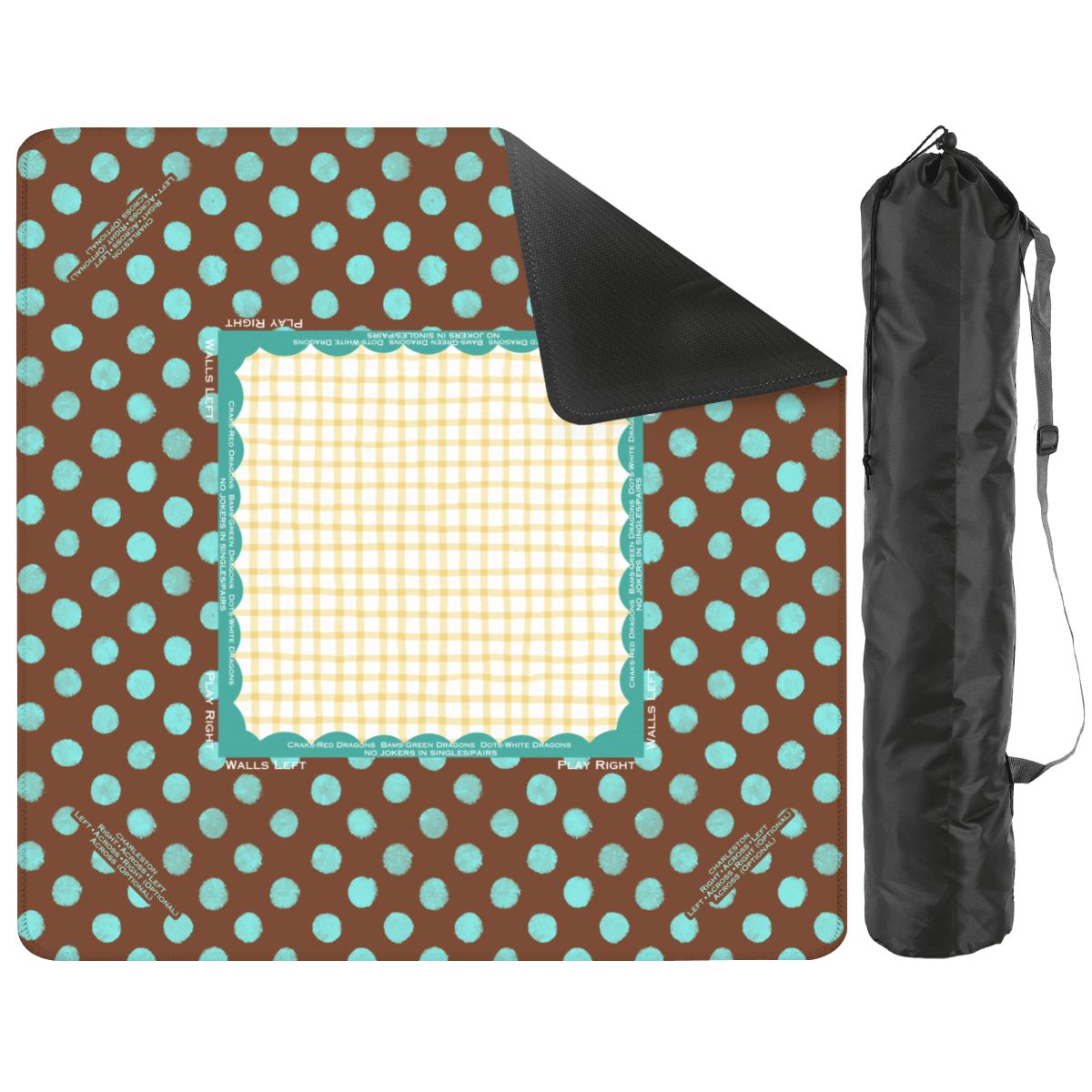 mahjong mat a brown background and turquoise polka dots. A black drawstring carrying bag stands beside it on a plain white background.