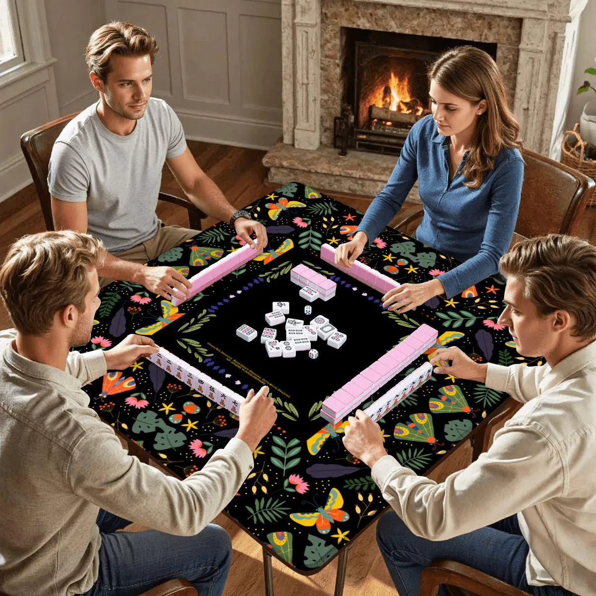 people playing mahjong on a large mystic mahjong mat