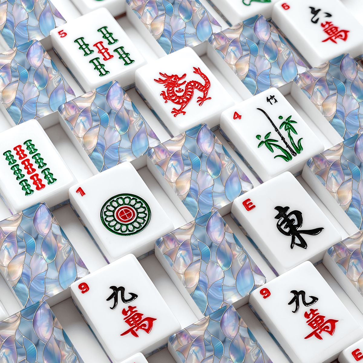 White Mahjong tiles with mop design with iridescent blue and purple reflections.