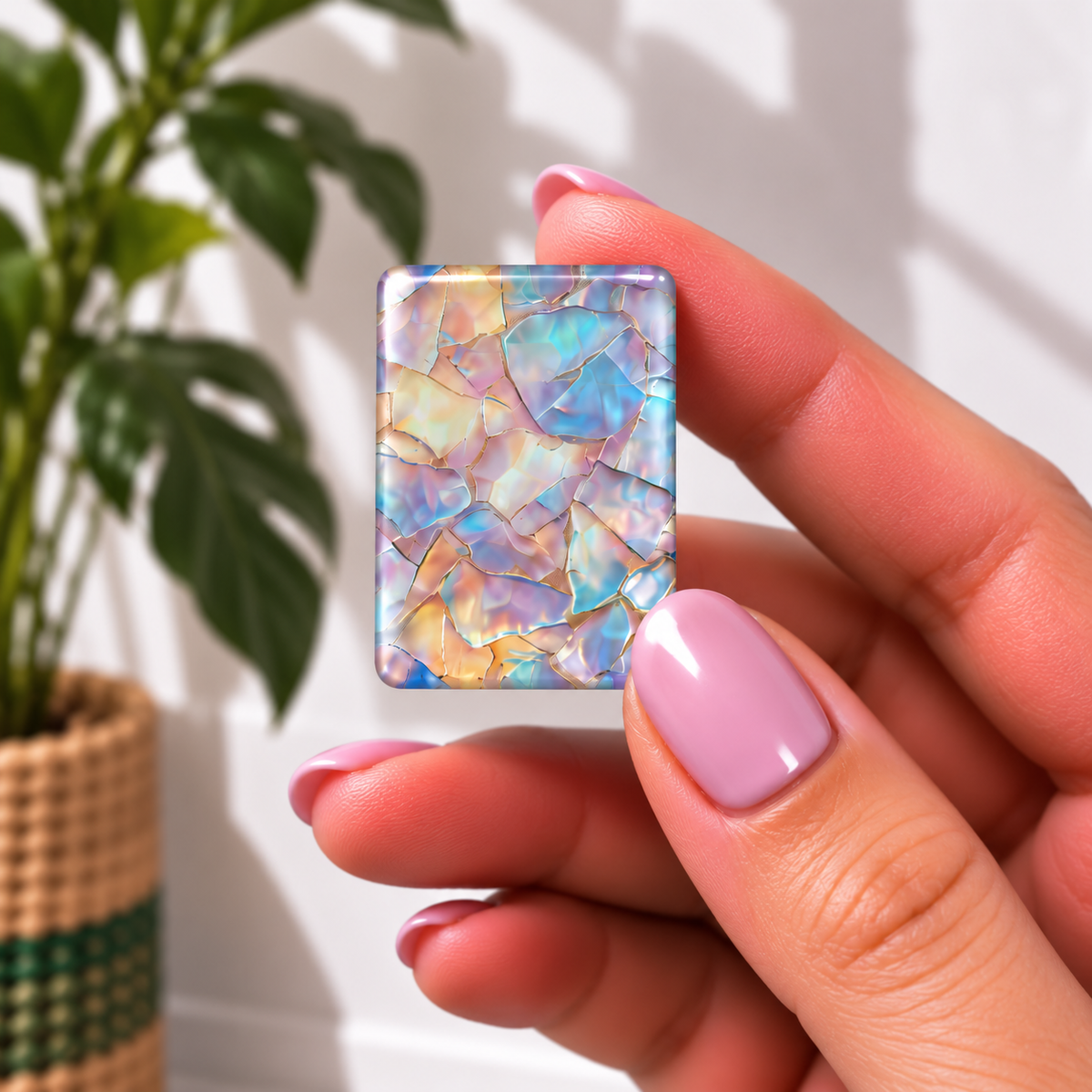 mahjong tilet featuring an iridescent shell-like pattern in pastel blue, lavender, cream, and gold tones,