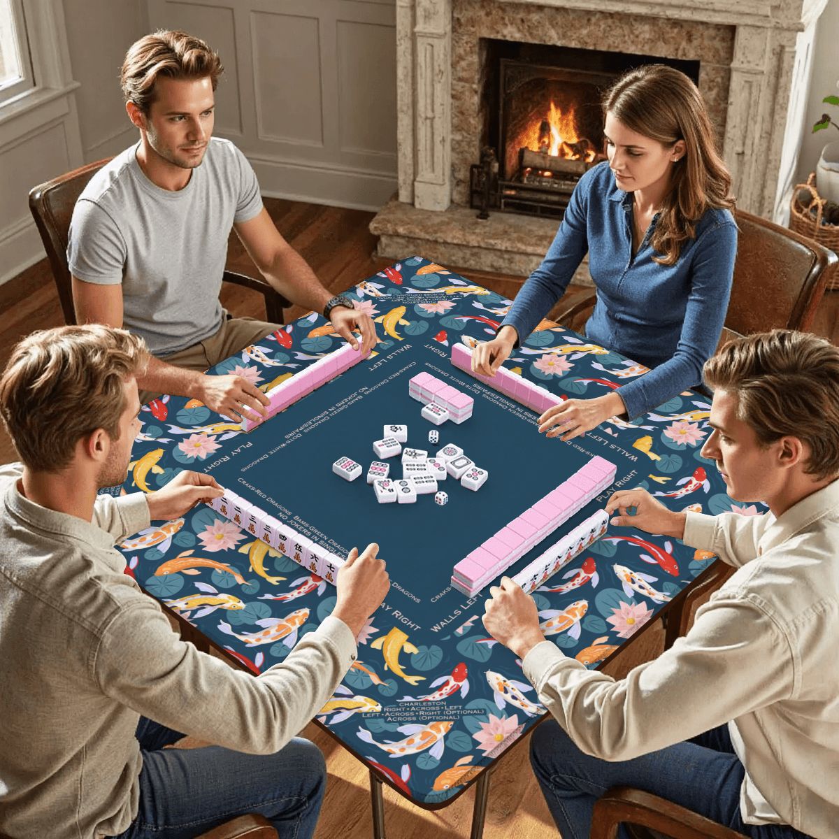 people playing mahjong with amulticolor koi fish mahjong mat in blue