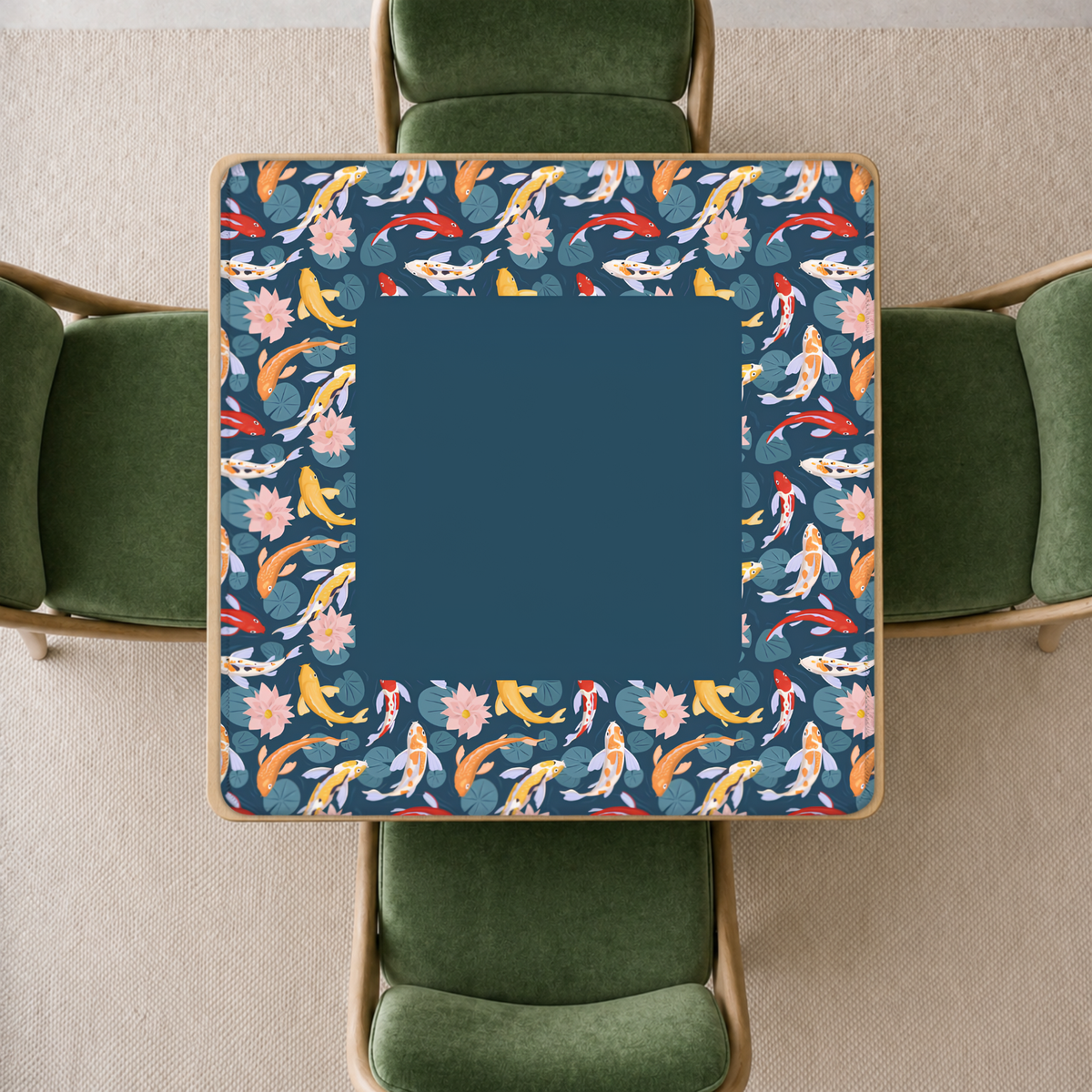 mahjong mat with a decorative border featuring a koi fish and lotus pattern on a dark teal background