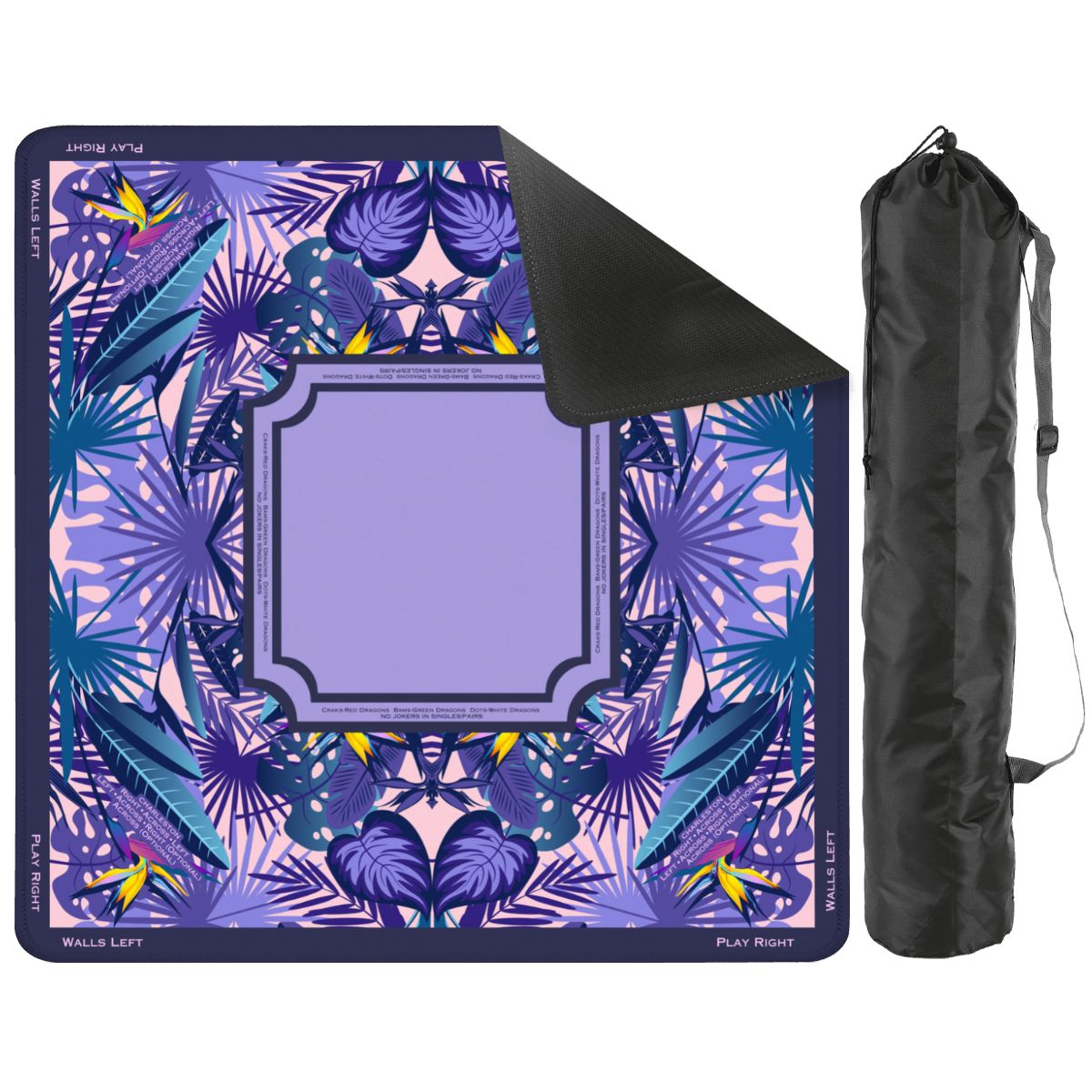 A rectangular mahjong mat mat with a tropical leaf pattern in shades of purple, blue, and pink, shown partially unrolled with its black underside visible. A black drawstring carrying bag stands beside it on a plain white background.