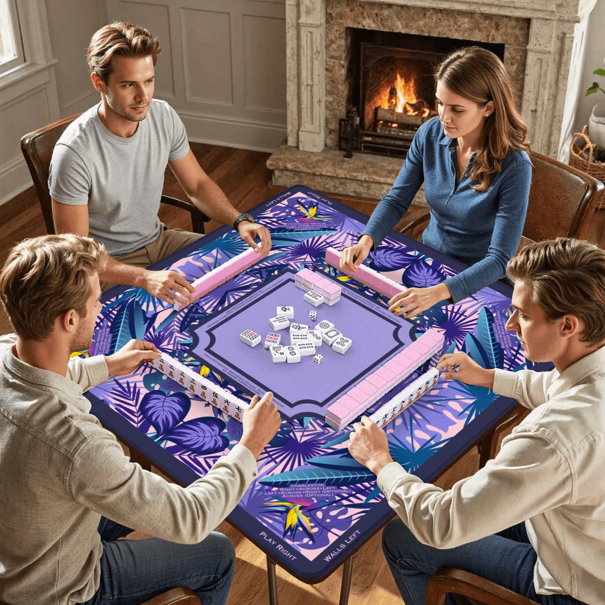 Four people sitting around a square table playing mahjong. The mahjong mat features a tropical palm leaf pattern in shades of purple, blue, and green.
