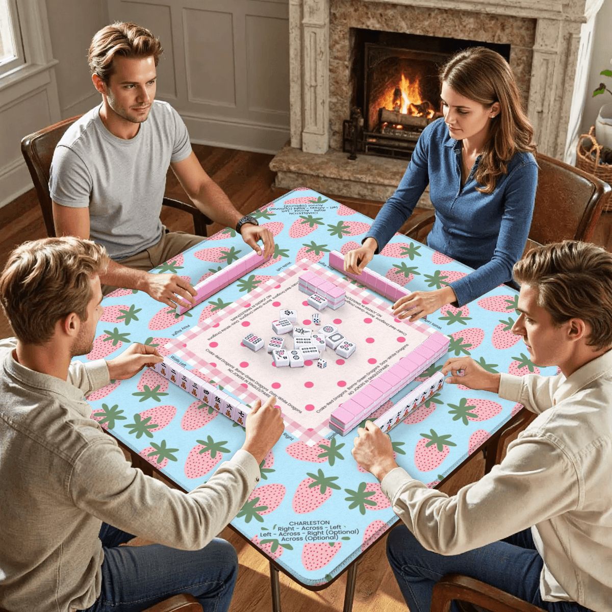 Four people sitting around a table playing mahjong on  a strawberry-themed mahjong mat