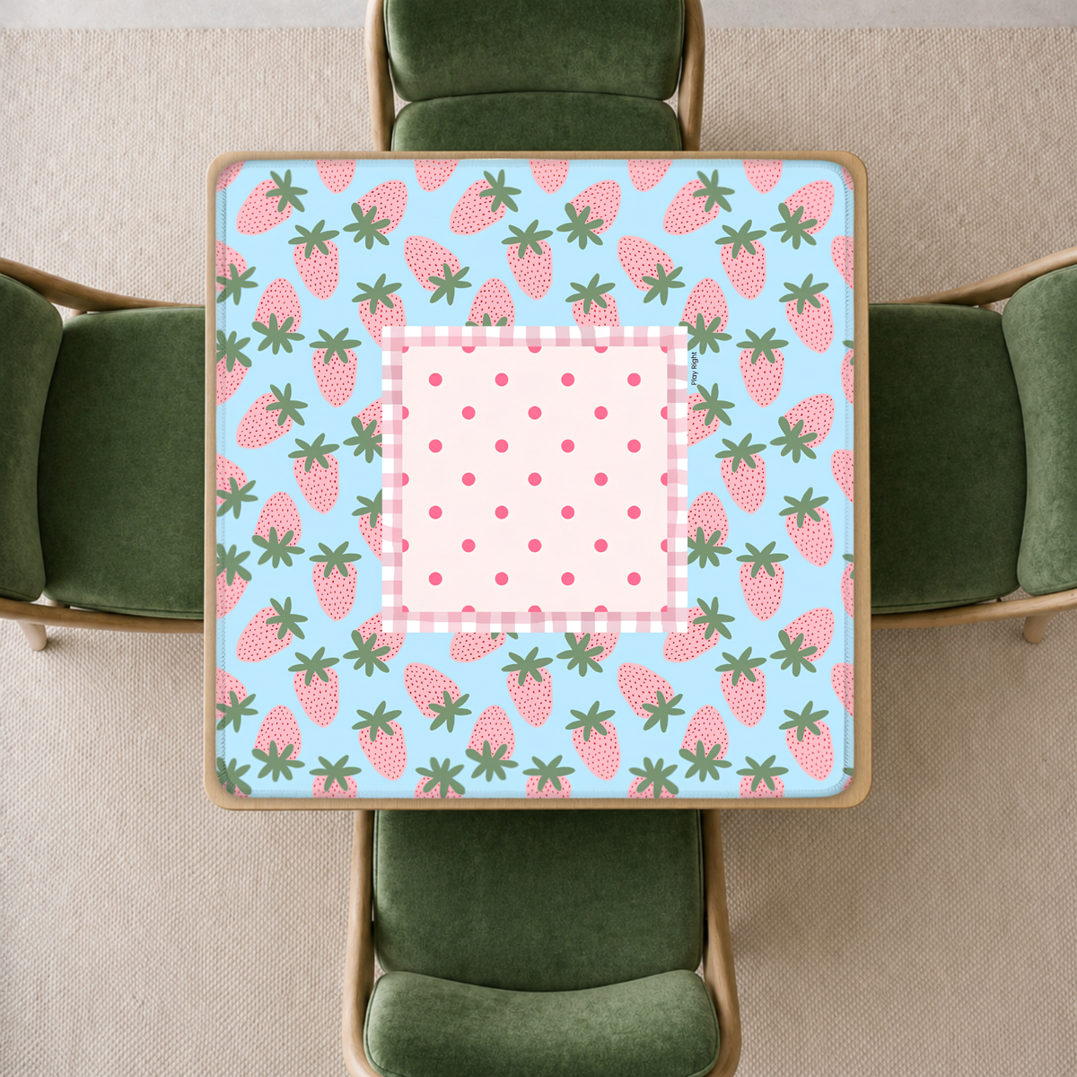 mahjong mat a light blue and pink strawberry pattern in dopamine decor style
