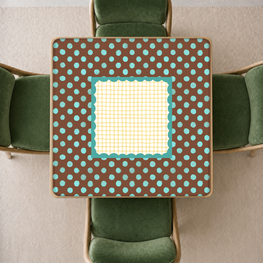 mahjong mat a brown and turquoise polka dot pattern and a yellow-and-white gingham center