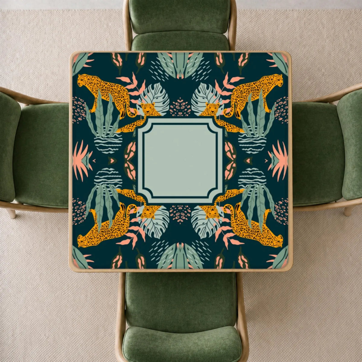 green mahjong mat with tropical leaves and leopards