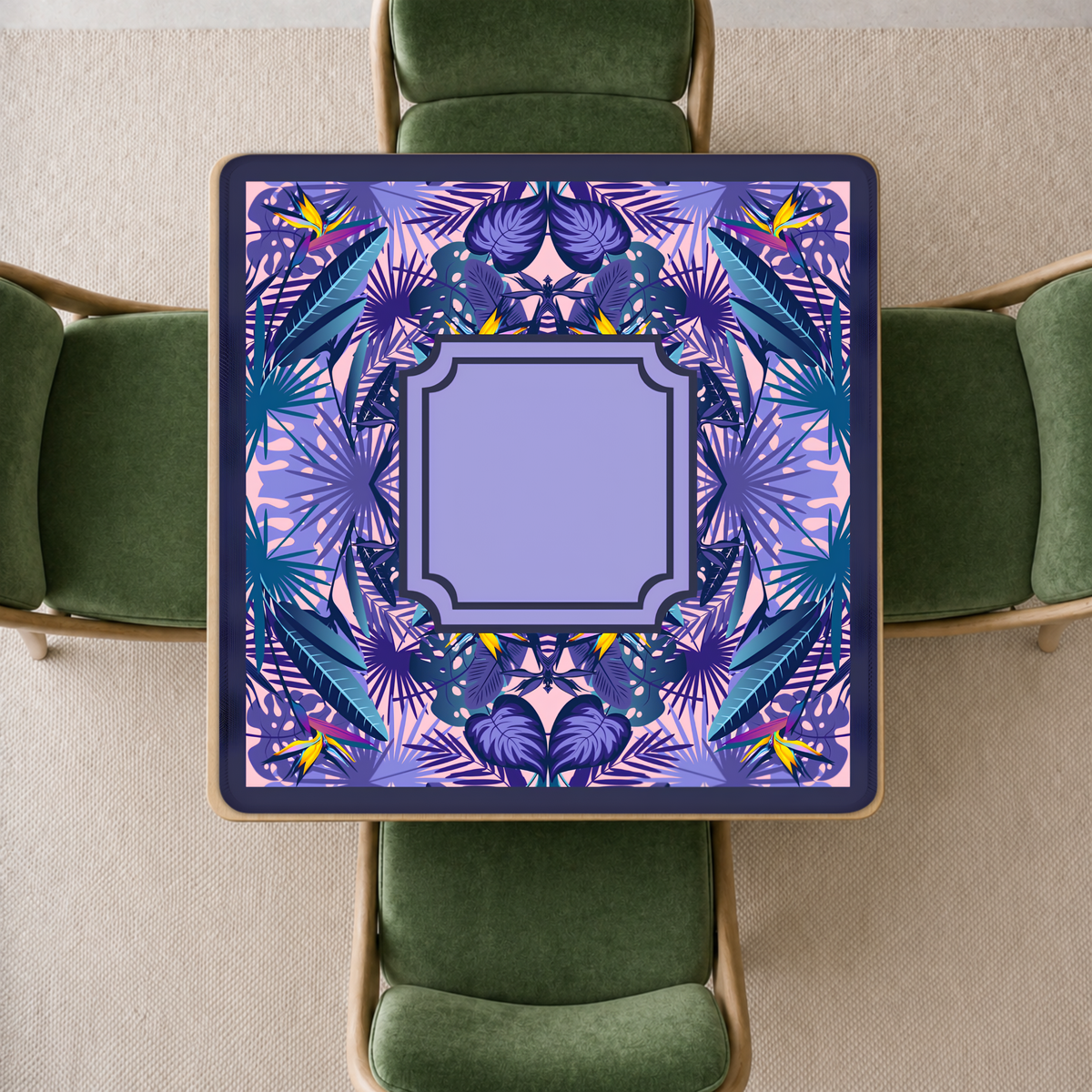 mahjong mat with a symmetrical tropical leaf pattern in shades of purple, blue, and teal,