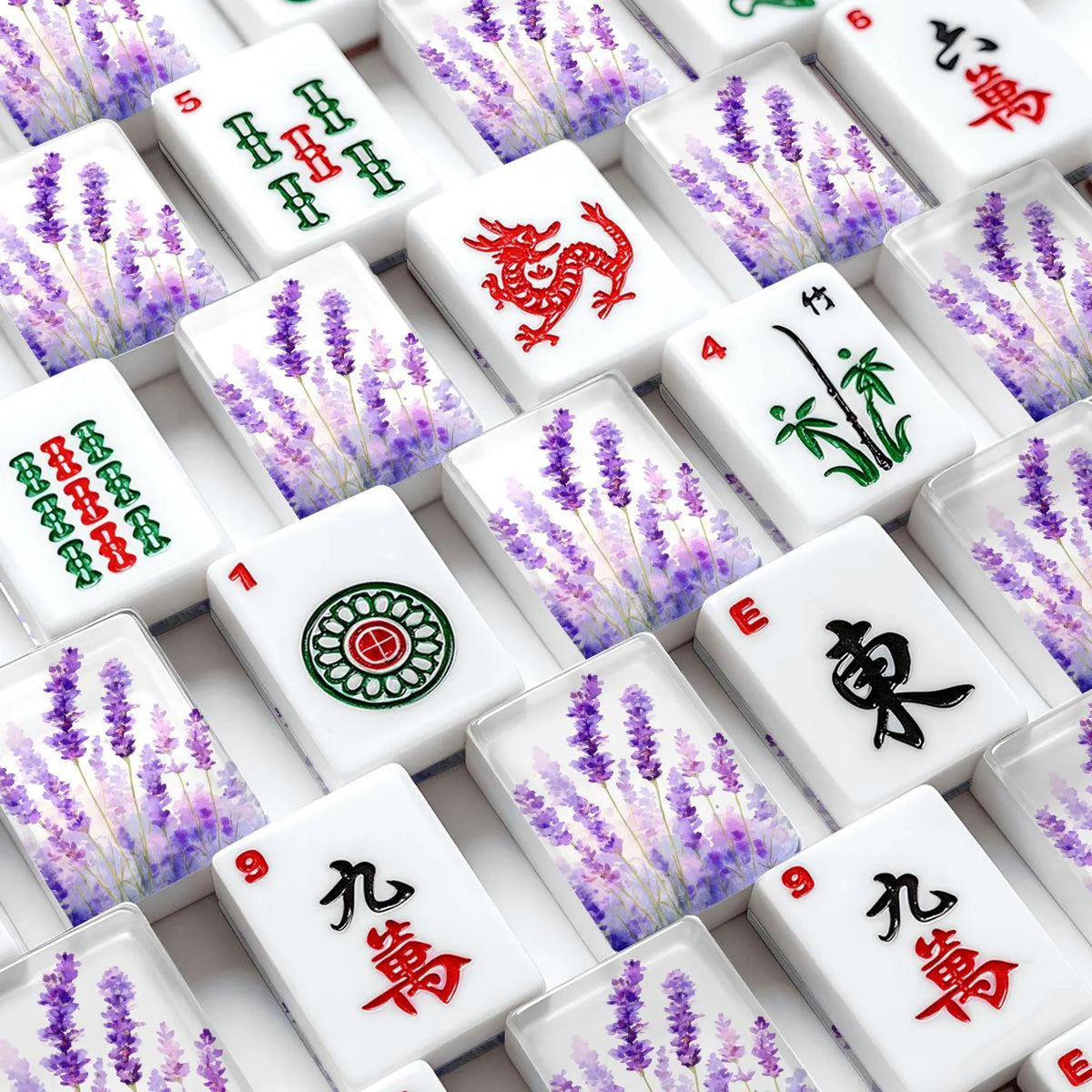 A close-up, top-down view of Mahjong tiles arranged in a grid. The backs of the tiles  feature a purple lavender floral pattern.